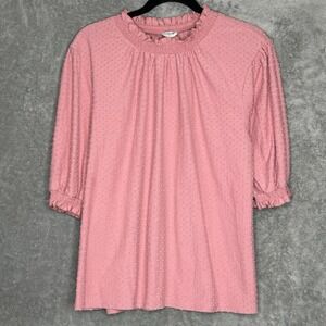 J Crew XL Shirt Top Pink Solid Puff Short Sleeve High Neck Seersucker Cotton